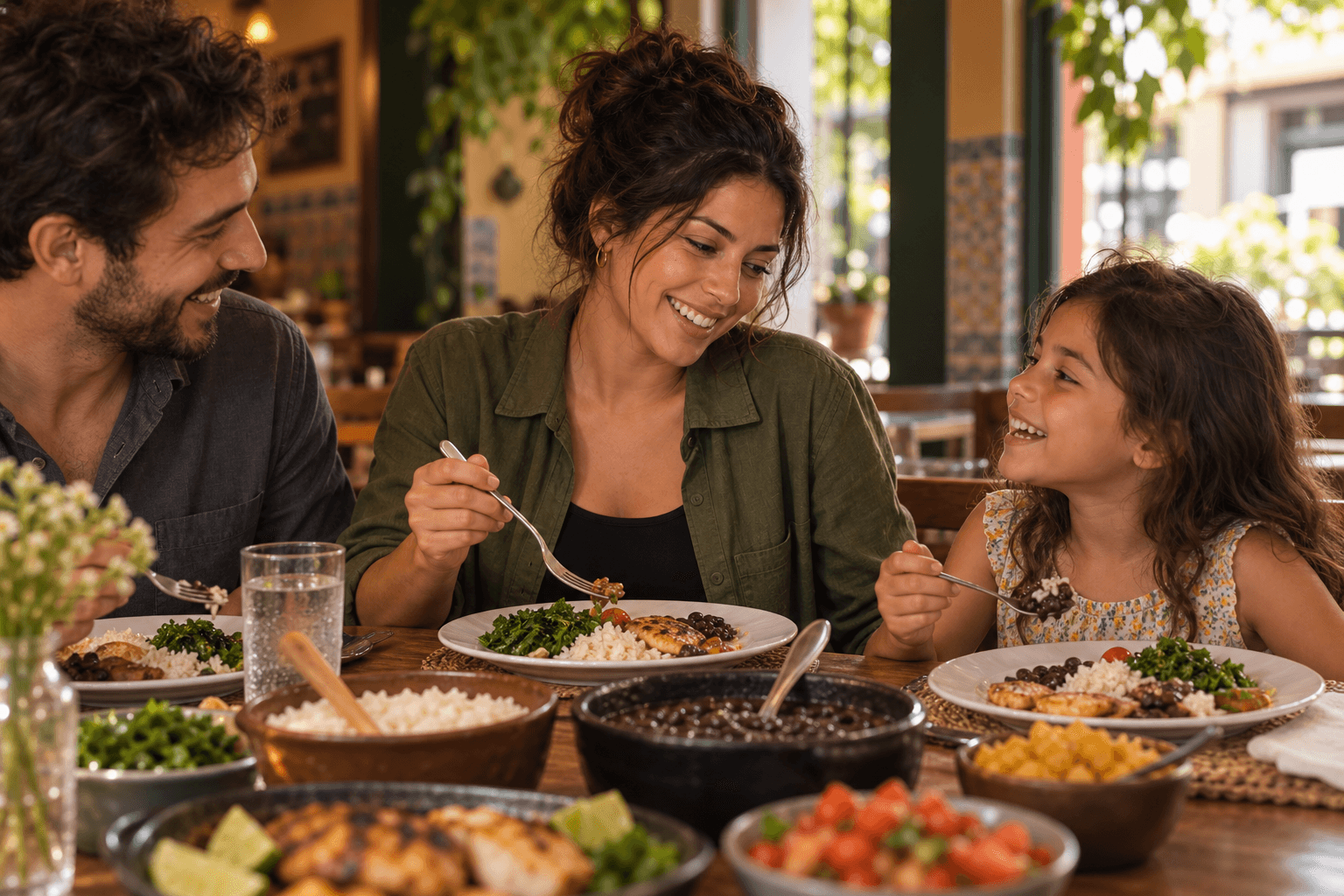 Família aproveitando uma refeição em restaurante
