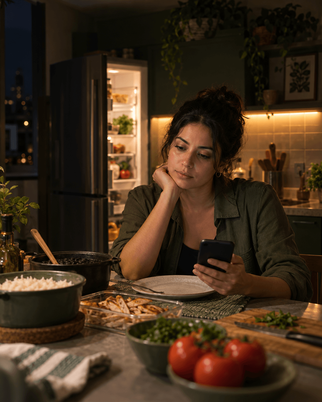 Pessoa pensativa na cozinha olhando o celular ao decidir o jantar